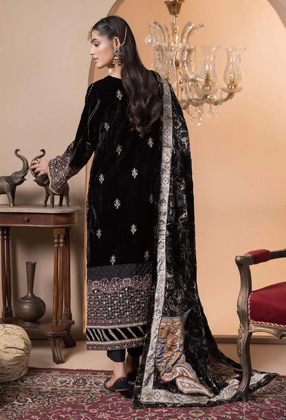 back view of Black Velvet Embroidered Salwar Kameez with Shawl - Mahaba Studio USA