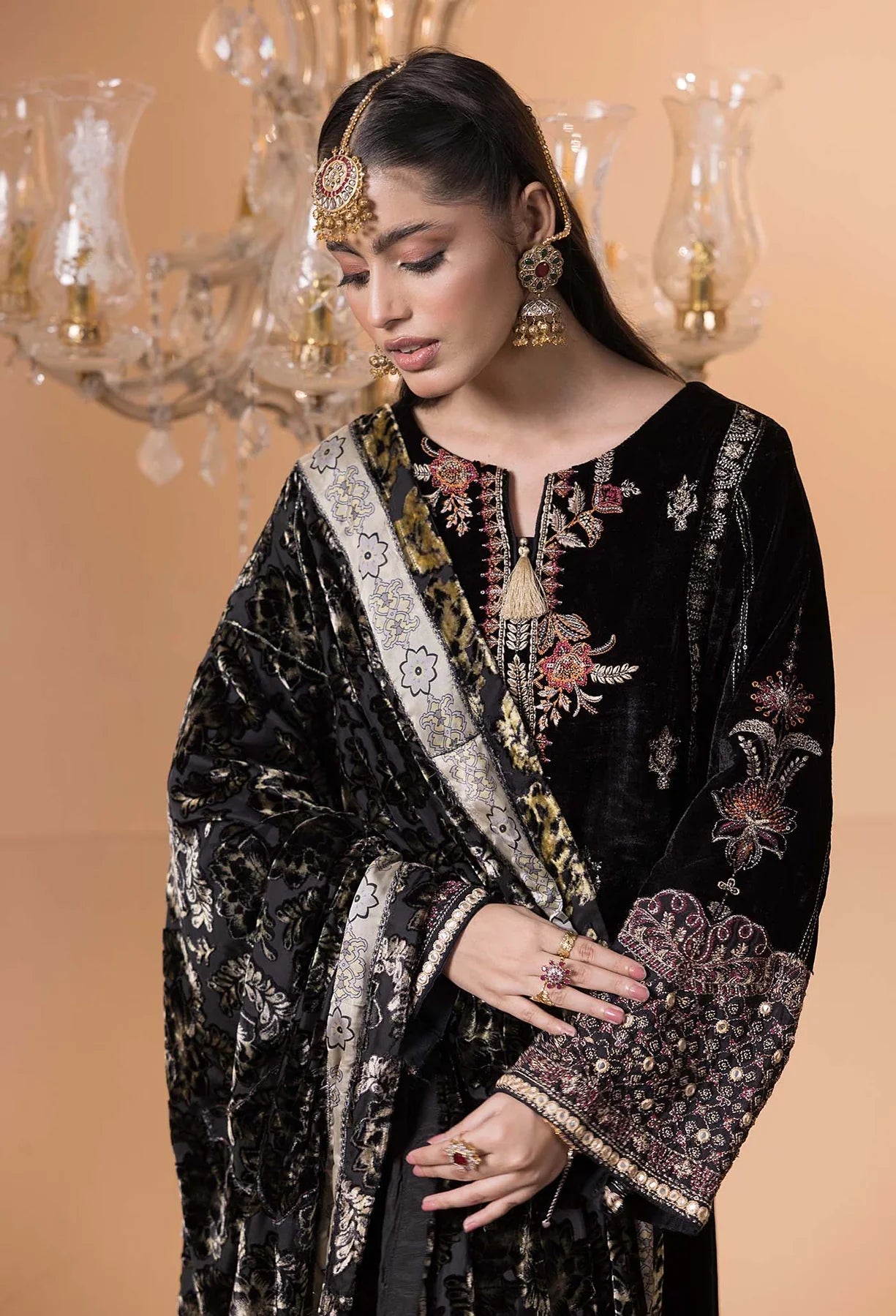 Black embroidered velvet salwar kameez with velvet shawl, Mahaba Studio USA
