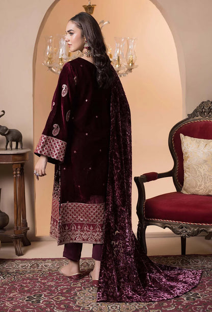 back view of Maroon Velvet Embroidered Salwar Kameez with Shawl | Mahaba Studio USA