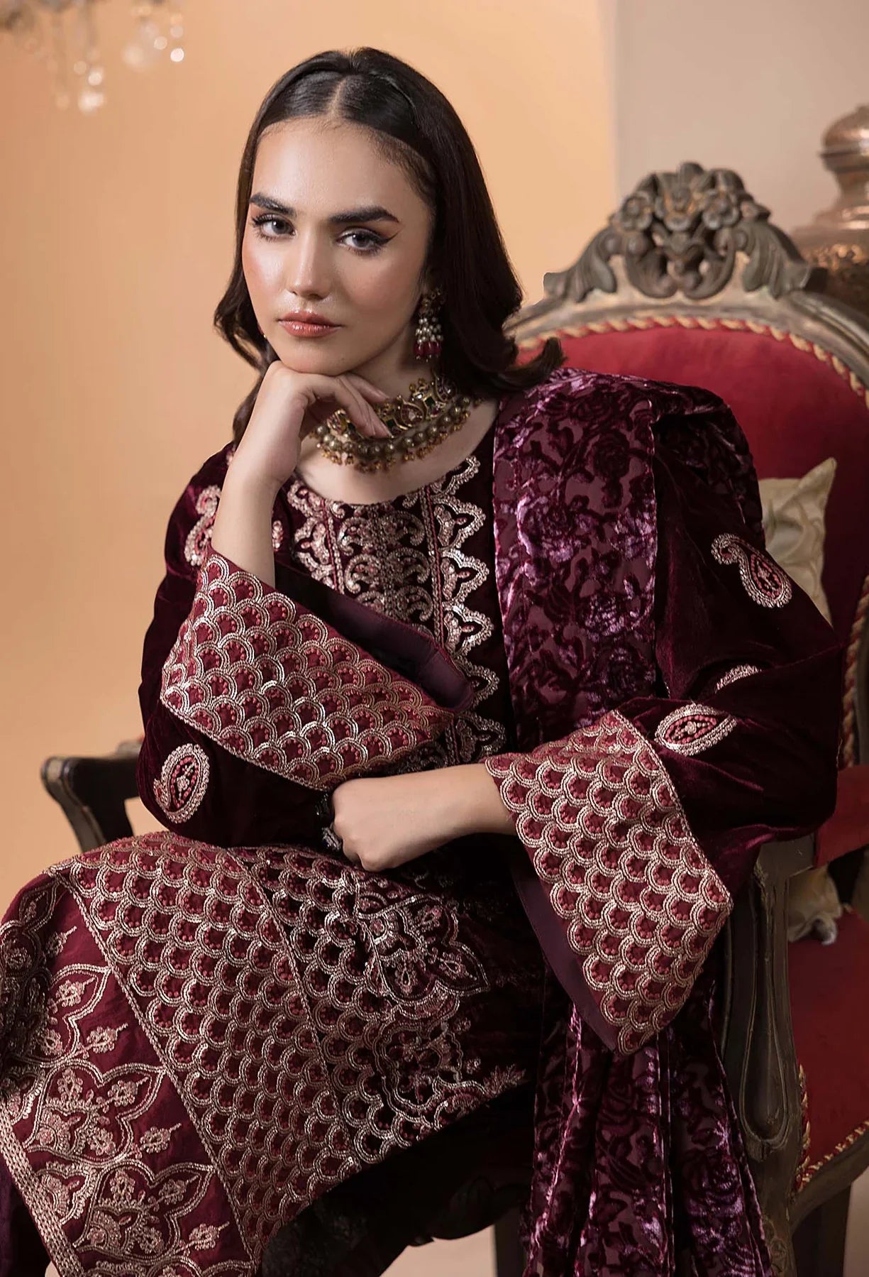 Maroon embroidered velvet salwar kameez with velvet shawl, Mahaba Studio USA