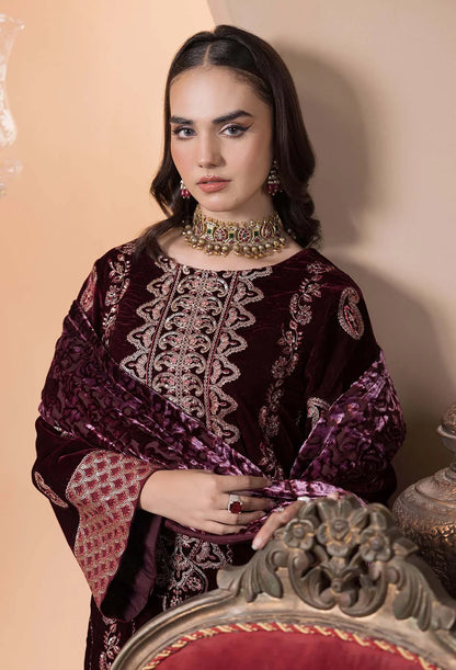 Elegant maroon velvet kameez with Plachi shawl and raw silk trousers