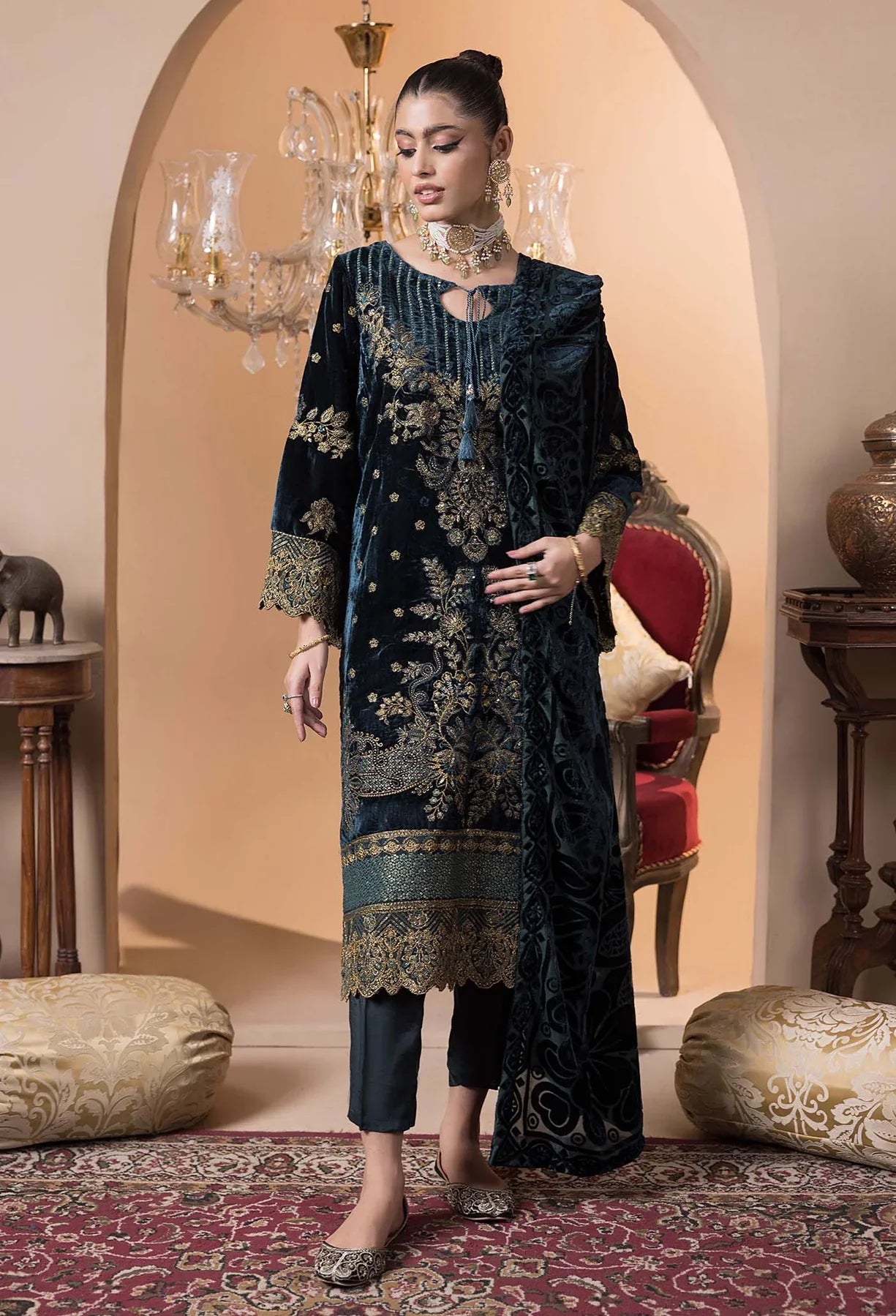 Deep Blue Velvet Embroidered Salwar Kameez with Shawl