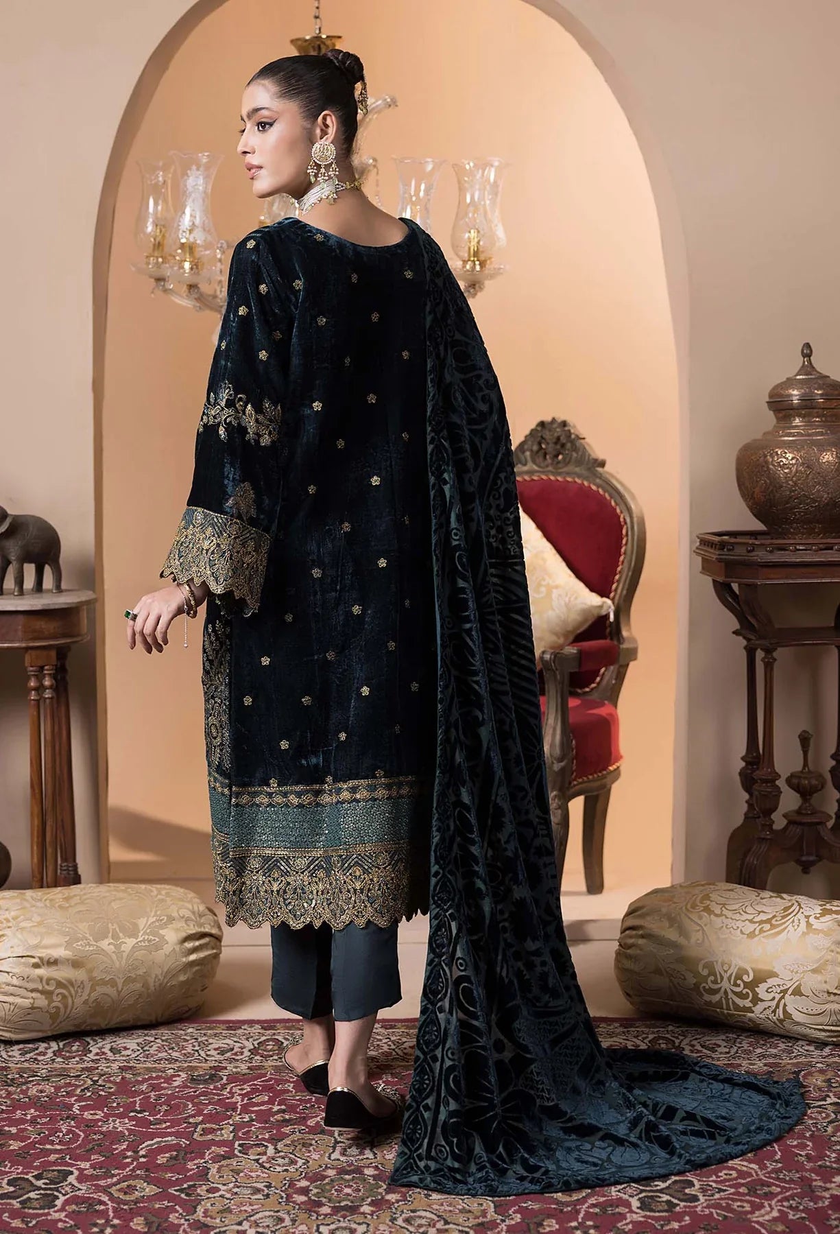 back view of Deep Blue Velvet Embroidered Salwar Kameez with Shawl