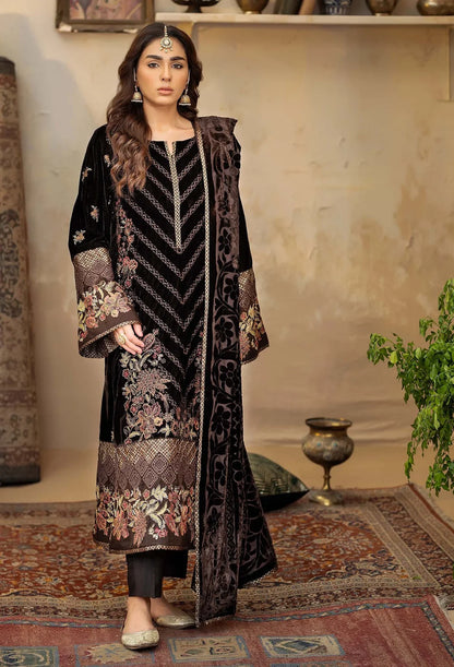 Black Velvet Embroidered Salwar Kameez with Shawl