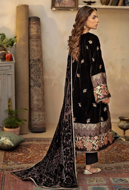 back view of Black Velvet Embroidered Salwar Kameez with Shawl