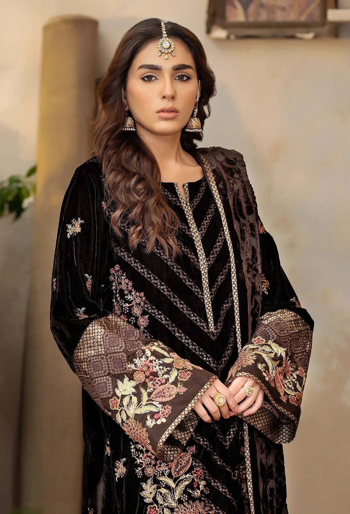 detailed view of Black Velvet Embroidered Salwar Kameez with Shawl