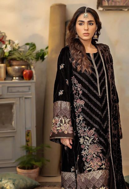 full view of Black Velvet Embroidered Salwar Kameez with Shawl