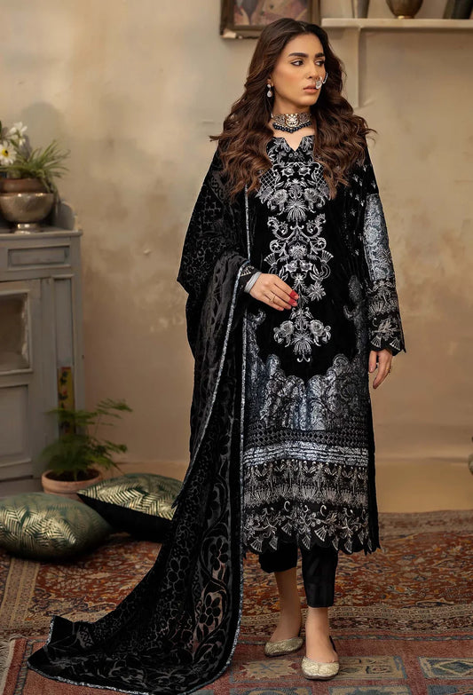 Black Velvet Salwar Kameez with Silver Embroidery & Shawl - Mahaba Studio USA