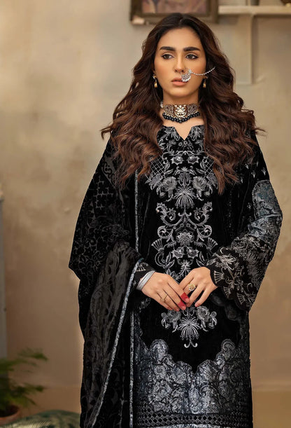 Elegant black embroidered velvet kameez with shawl