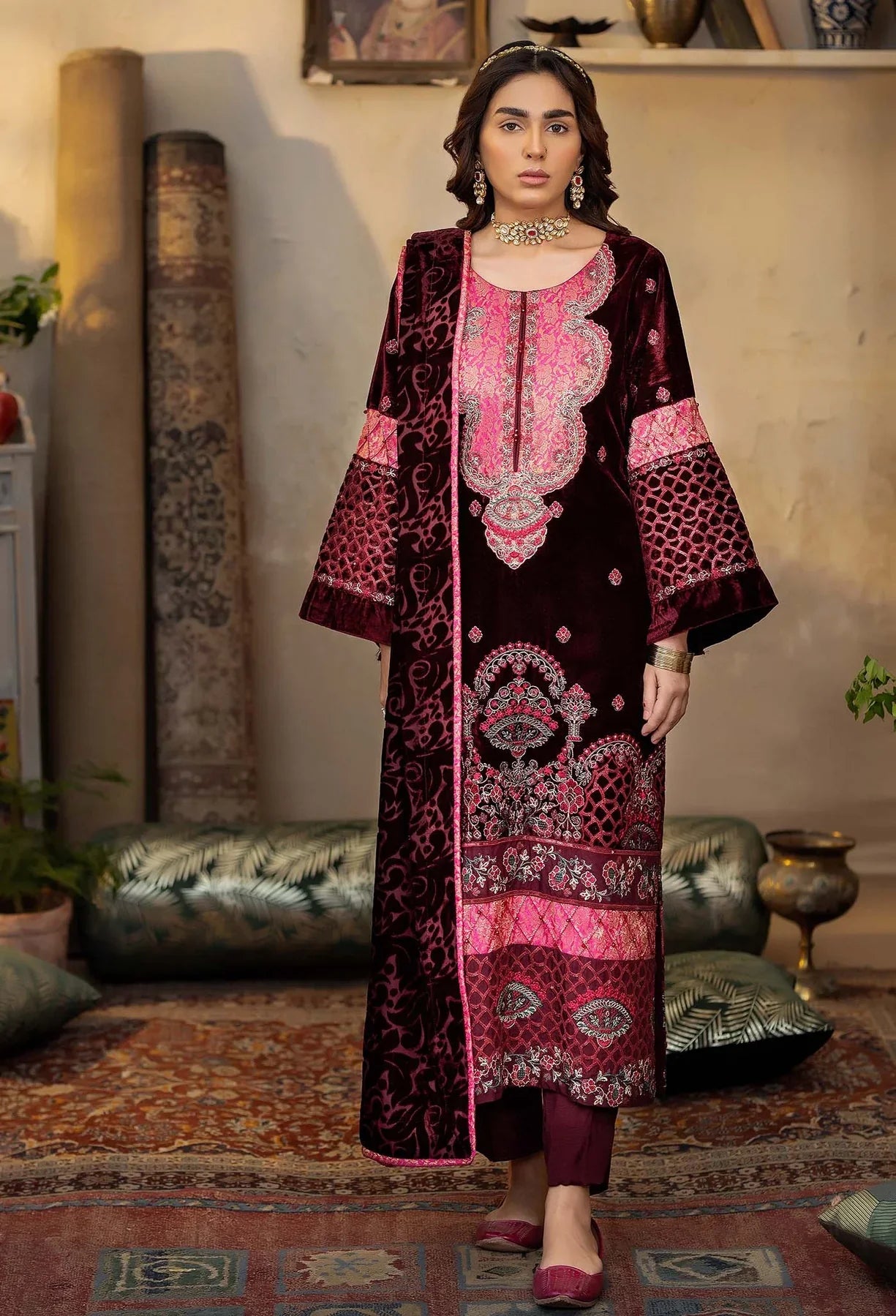 Dark Pink Velvet Salwar Kameez with Pink Embroidery &amp; Shawl