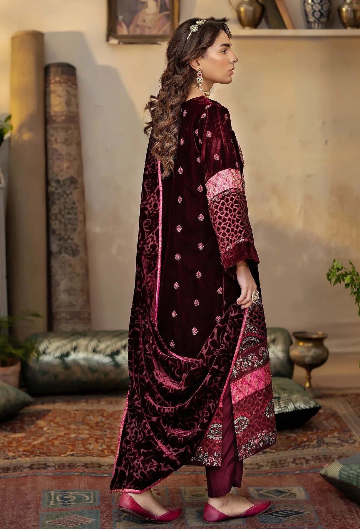 back view of Dark Pink Velvet Salwar Kameez with Pink Embroidery &amp; Shawl