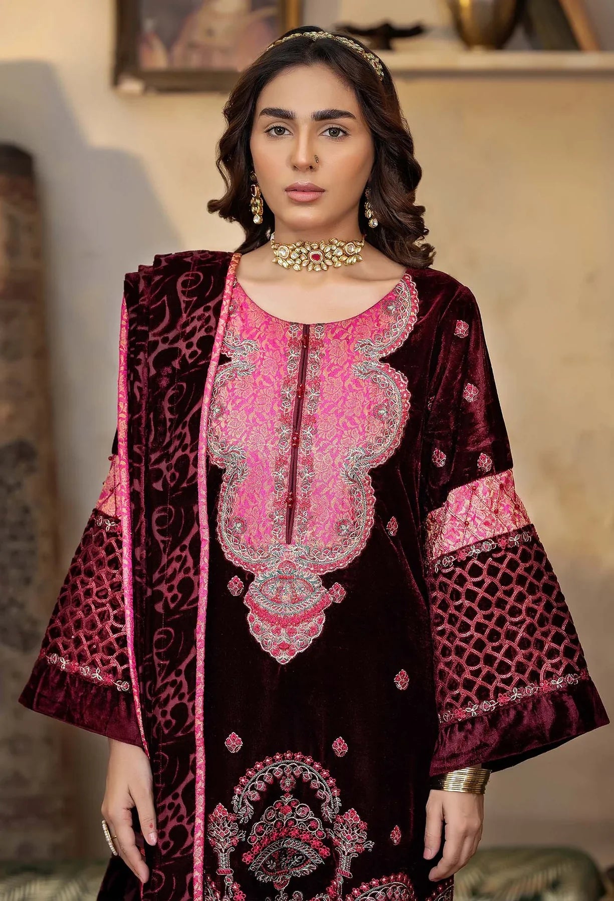 Dark pink velvet salwar kameez with pink embroidery, Mahaba Studio USA