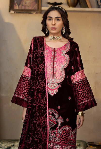 Elegant maroon-toned velvet kameez with embroidered shawl