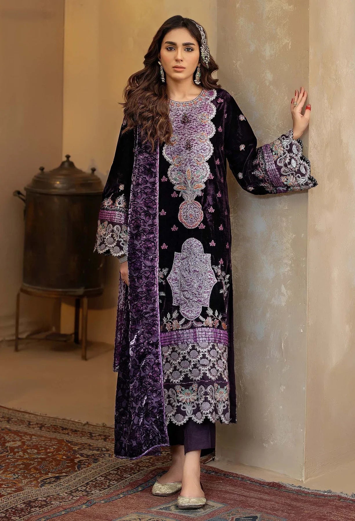 Purple Velvet Salwar Kameez with Embroidered Shawl