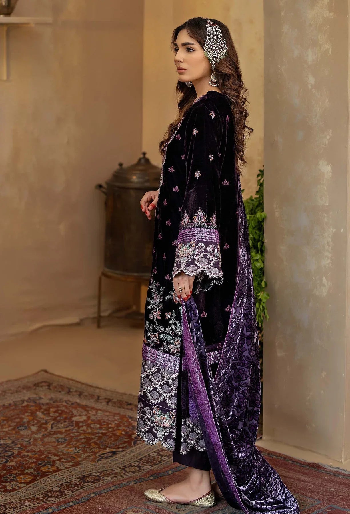 side view of Purple Velvet Salwar Kameez with Embroidered Shawl