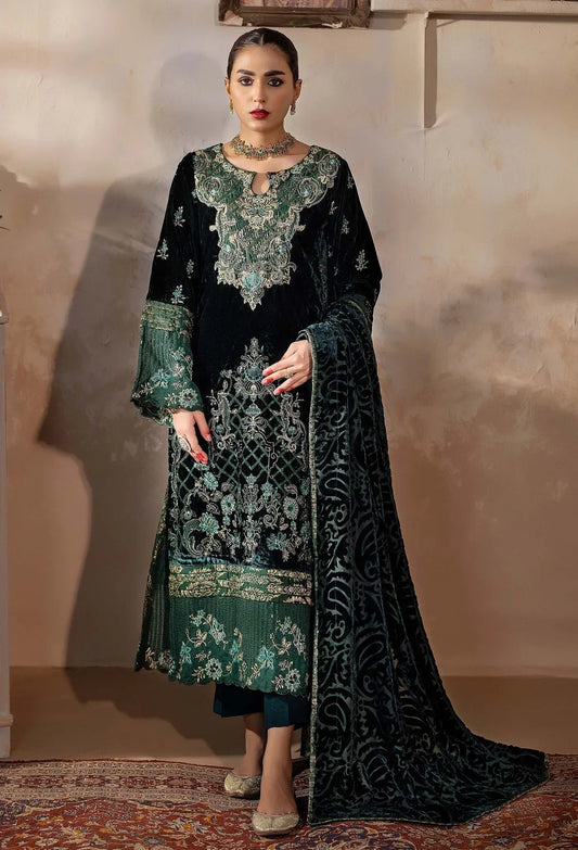 Sea Green Velvet Salwar Kameez with Embroidered Shawl