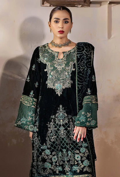 front view closeup of Sea Green Velvet Salwar Kameez with Embroidered Shawl