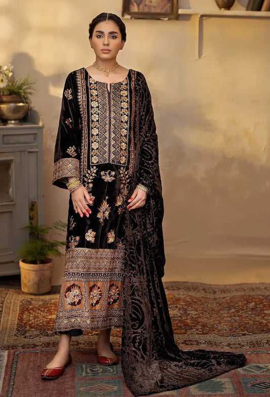 Black Velvet Salwar Kameez with Orange Embroidery and Shawl - Mahaba Studio USA