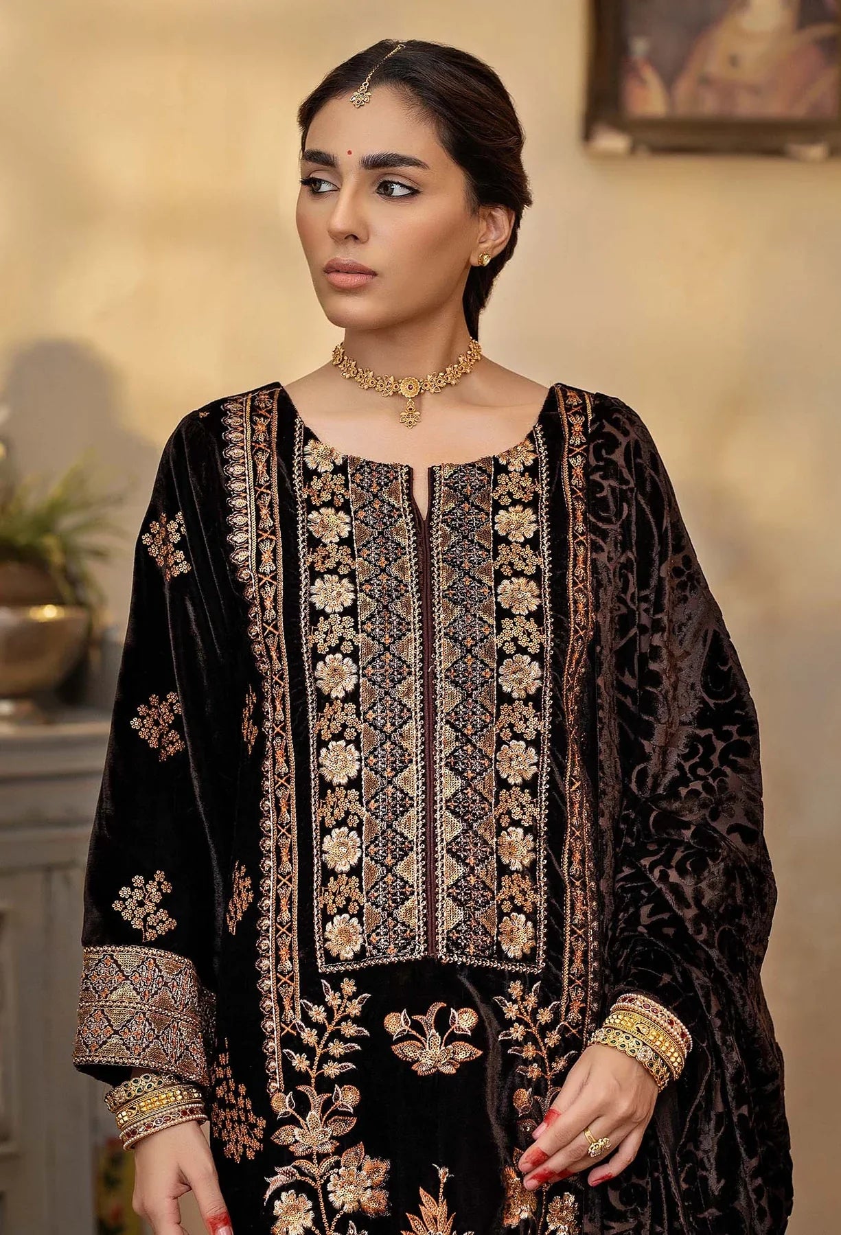 Black velvet salwar kameez with orange embroidery, Mahaba Studio USA
