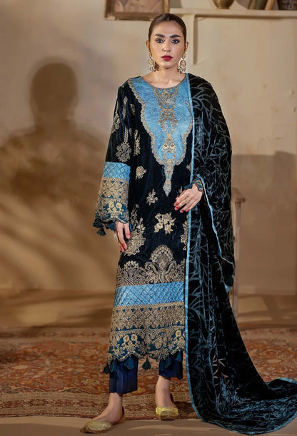 Navy Blue Velvet Salwar Kameez with Light Blue Embroidery and Shawl