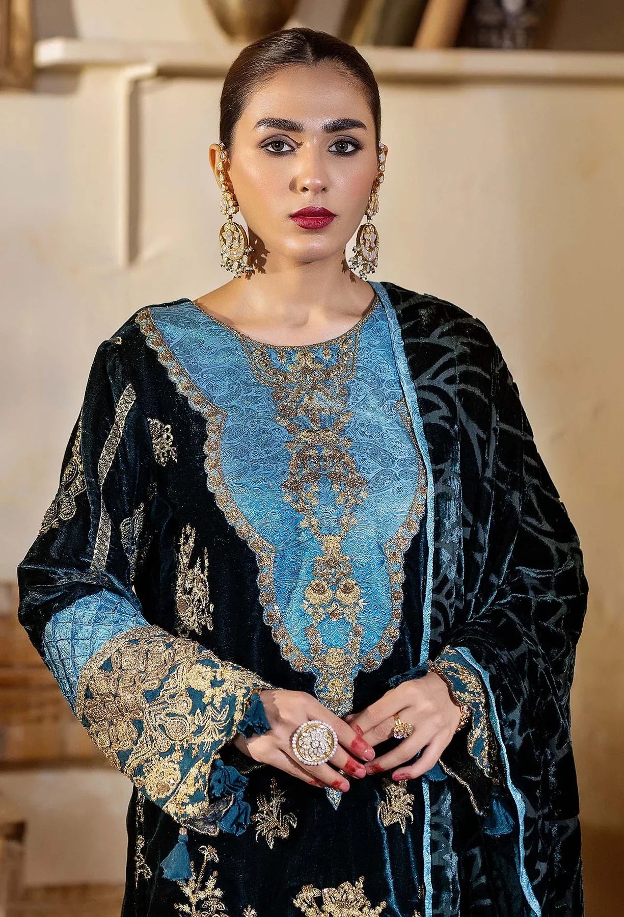 detailed view of Navy Blue Velvet Salwar Kameez with Light Blue Embroidery and Shawl