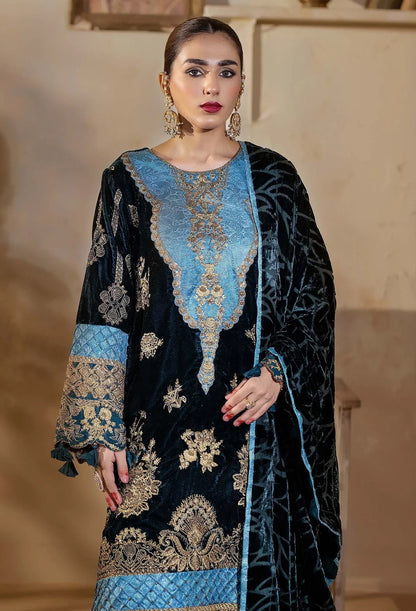 front view of Navy Blue Velvet Salwar Kameez with Light Blue Embroidery and Shawl