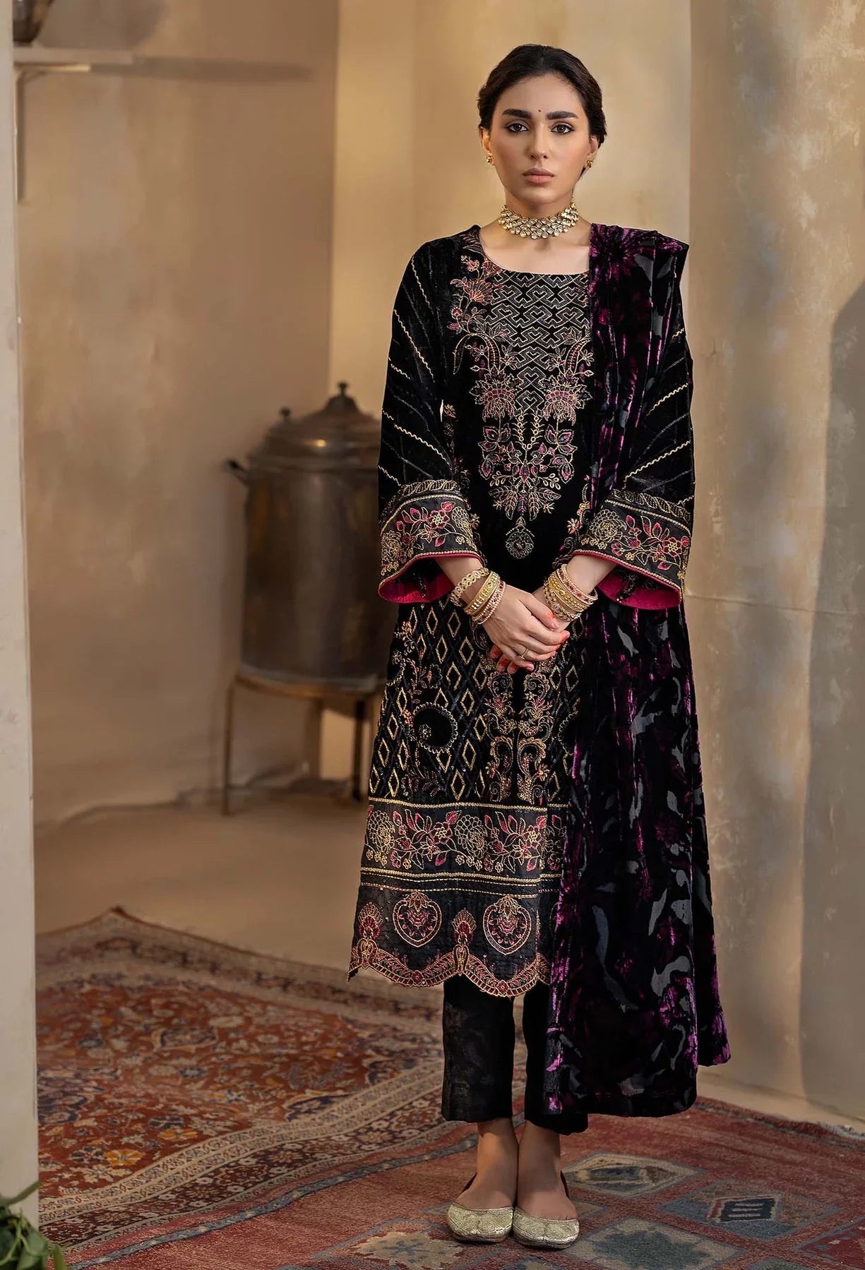 Black Velvet Salwar Kameez with Pink Embroidery and Shawl