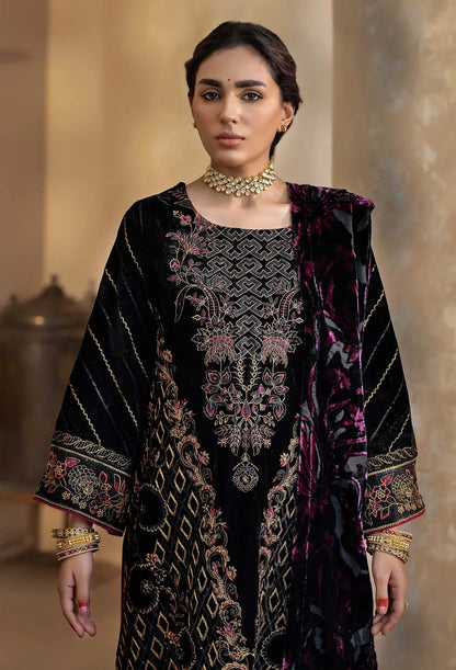 closeup Black Velvet Salwar Kameez with Pink Embroidery and Shawl