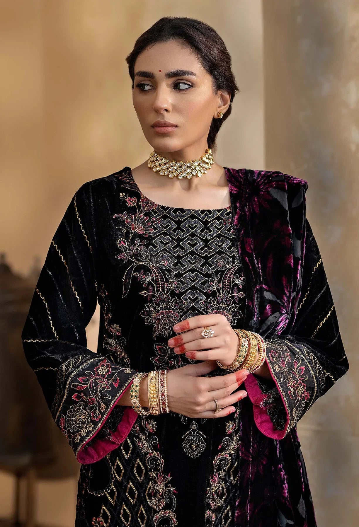 detailed embroidery on Black Velvet Salwar Kameez with Pink Embroidery and Shawl