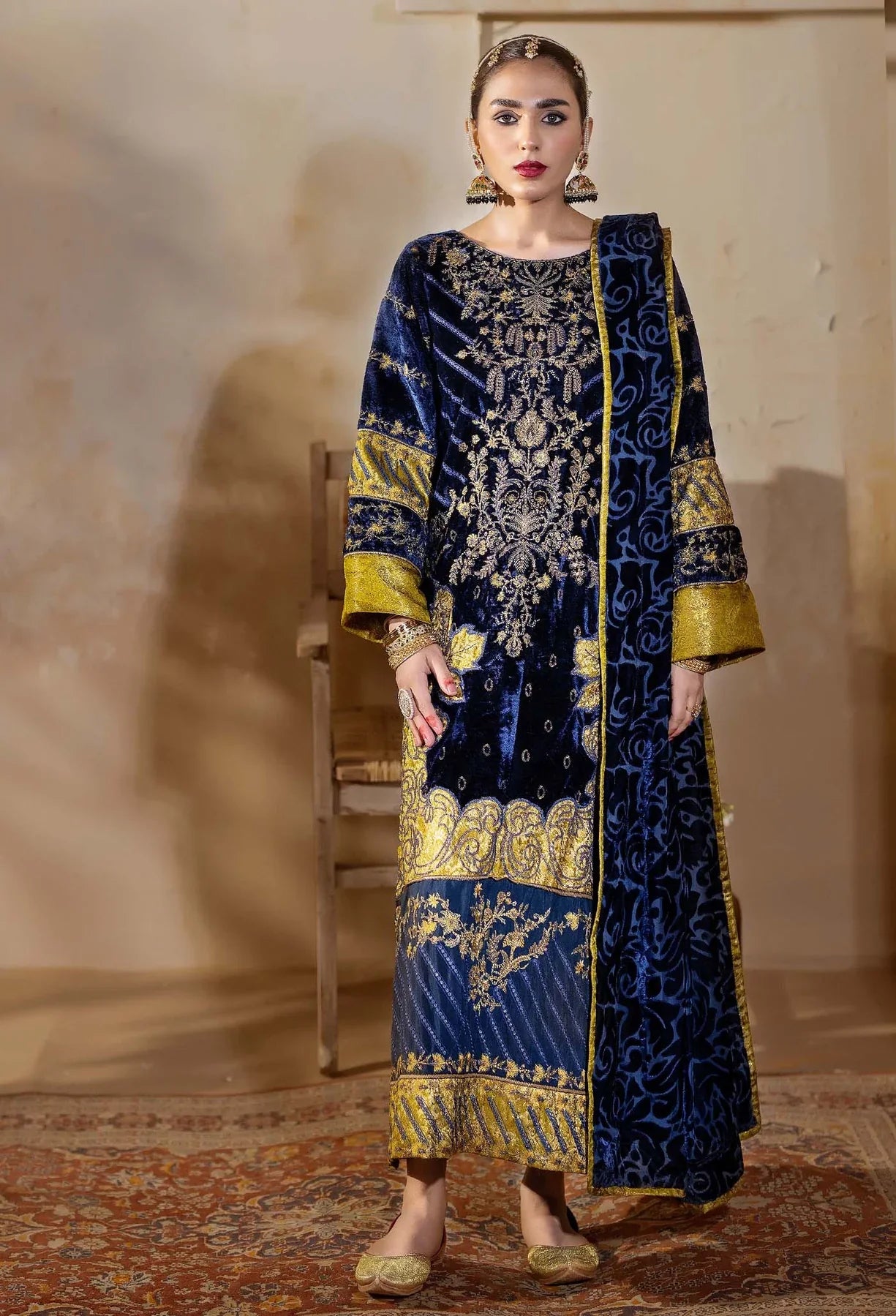 Blue Stitched Embroidered Velvet Salwar Kameez with Velvet Shawl