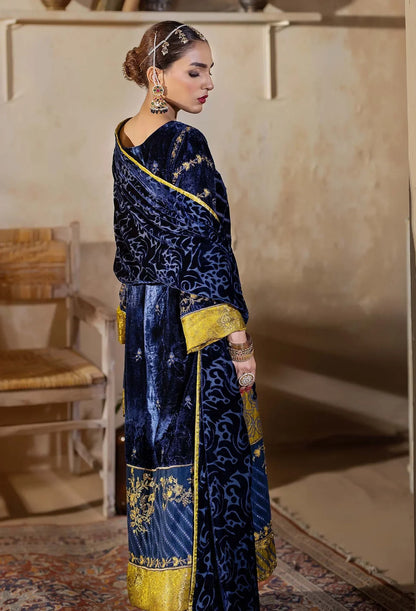 side view of Blue Stitched Embroidered Velvet Salwar Kameez with Velvet Shawl