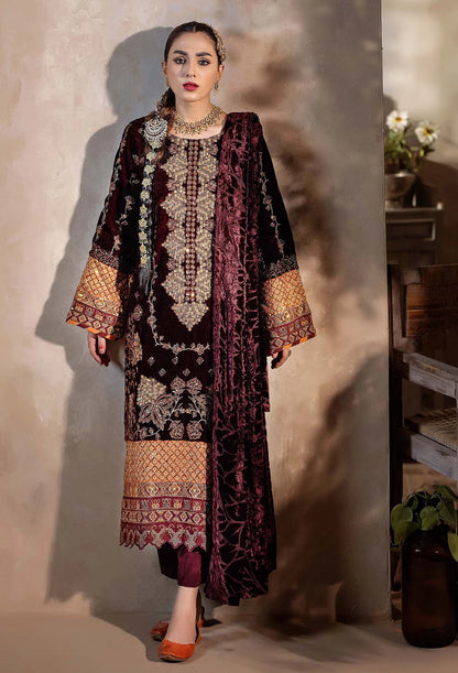 Maroon Embroidered Velvet Salwar Kameez with Velvet Shawl 