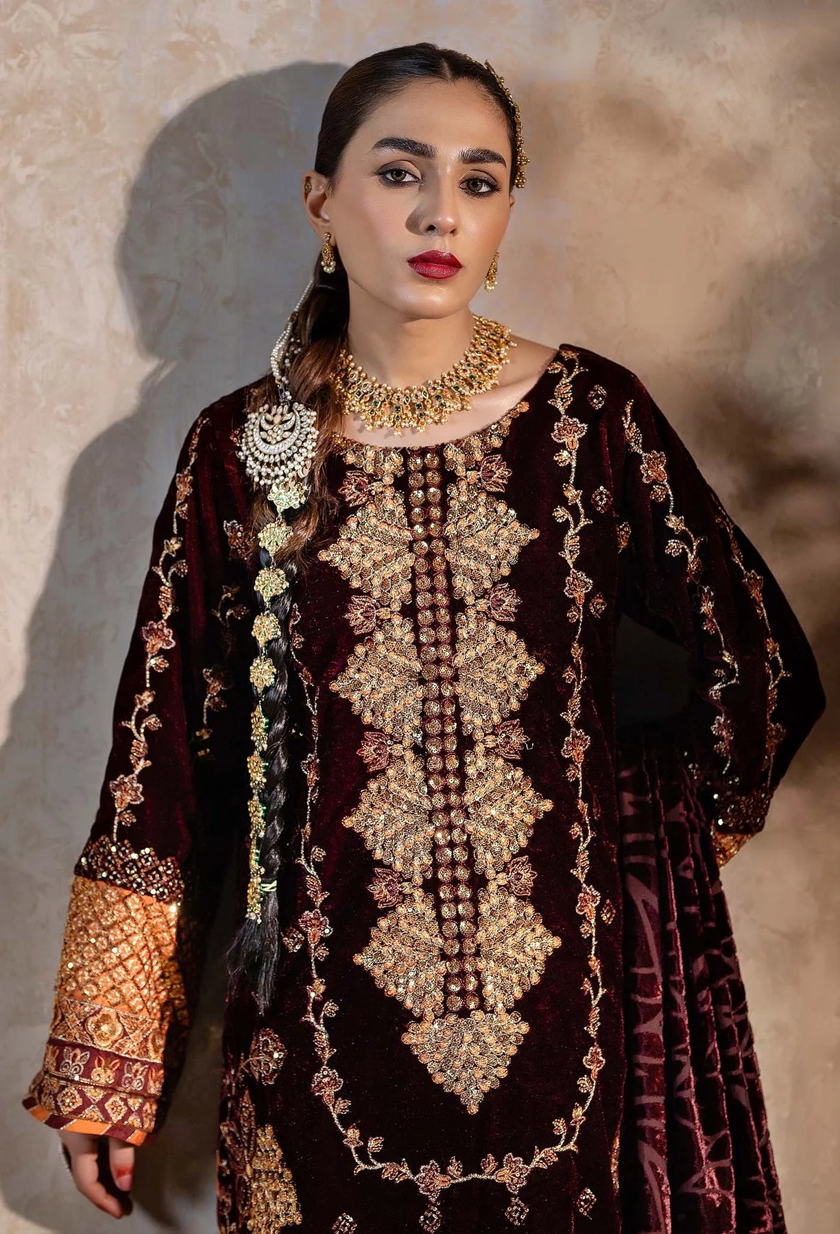 closeup Maroon Embroidered Velvet Salwar Kameez with Velvet Shawl 