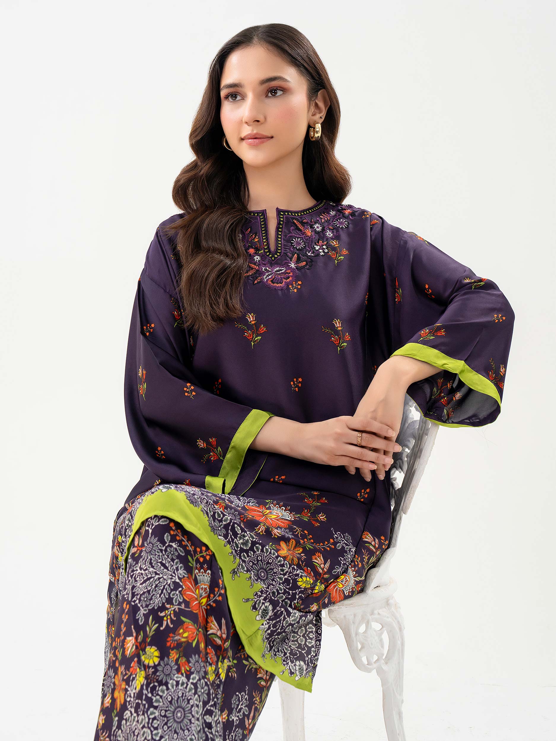 Purple 2 Piece Silk Suit with Embroidered Shirt