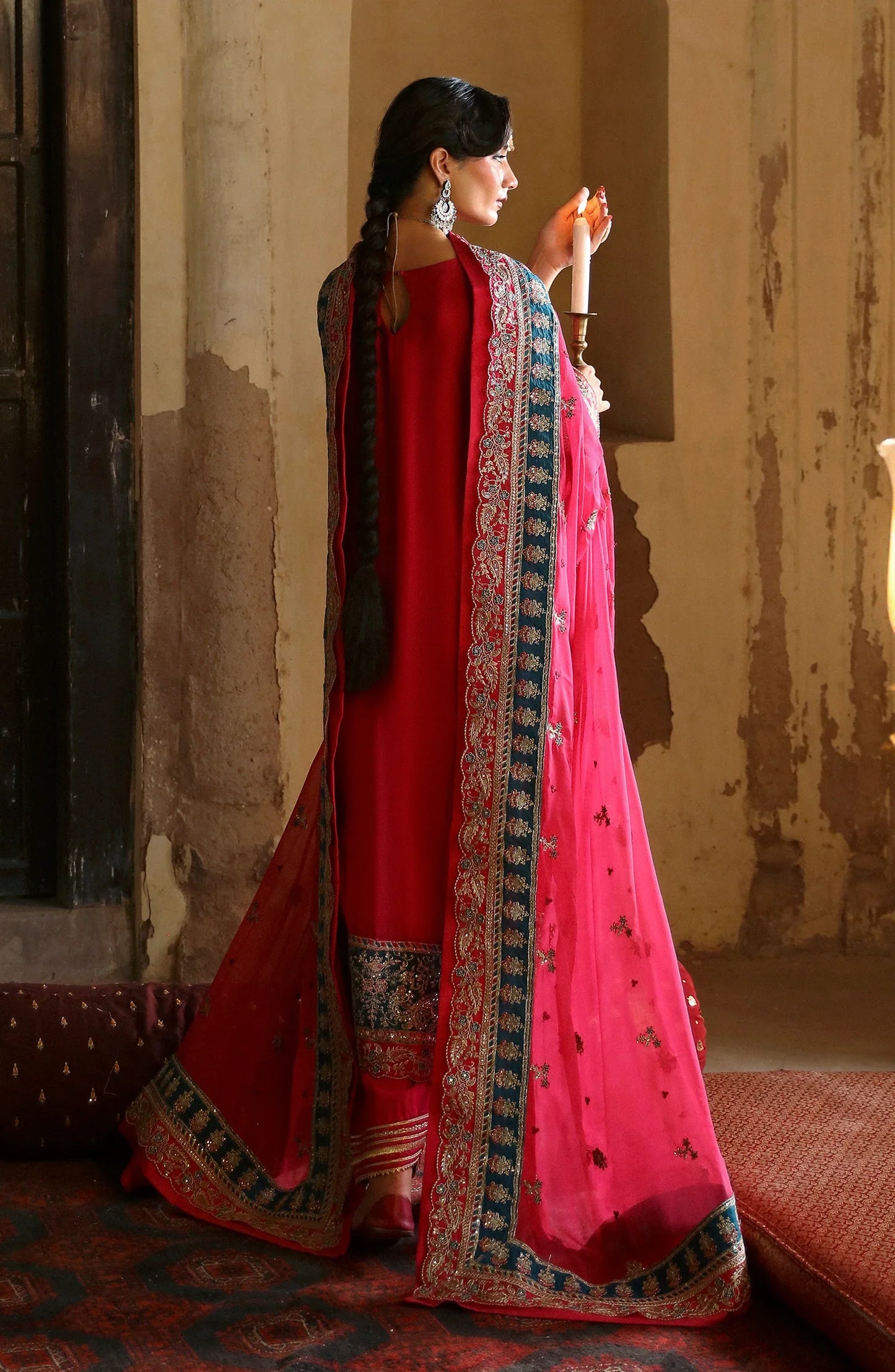 Back view of EA-Saanvi suit with chiffon and organza details