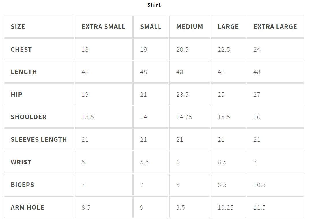 size chart  of EA-Leela suit