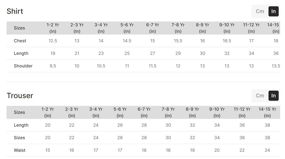 size chart of Hannah kurta with bell-bottom trousers