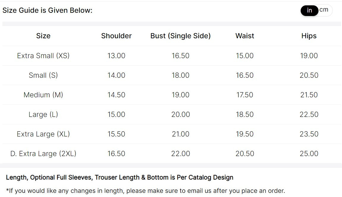 size chart for kaida dresses