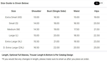 size chart for kaida dresses