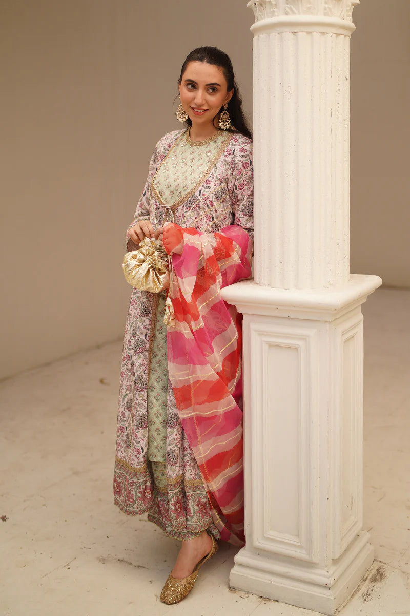 Flared green kurta with embroidery and print by Ego, perfect for festive wear