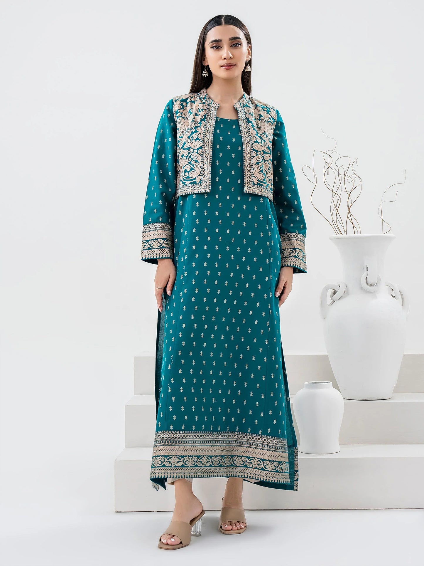 Teal Khaddar Shirt with Bolero - Gold Paste Print