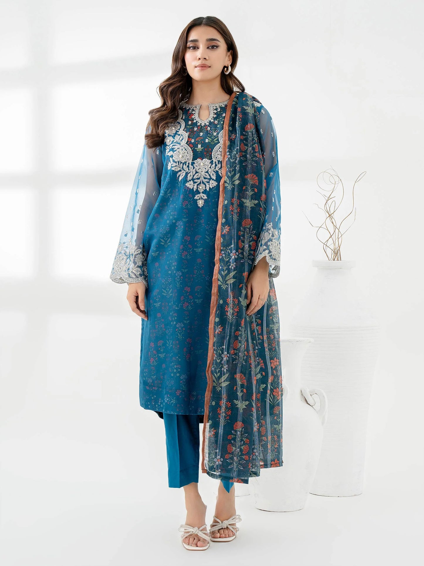 Teal Organza 3 Piece Embroidered Suit with Zari Dupatta