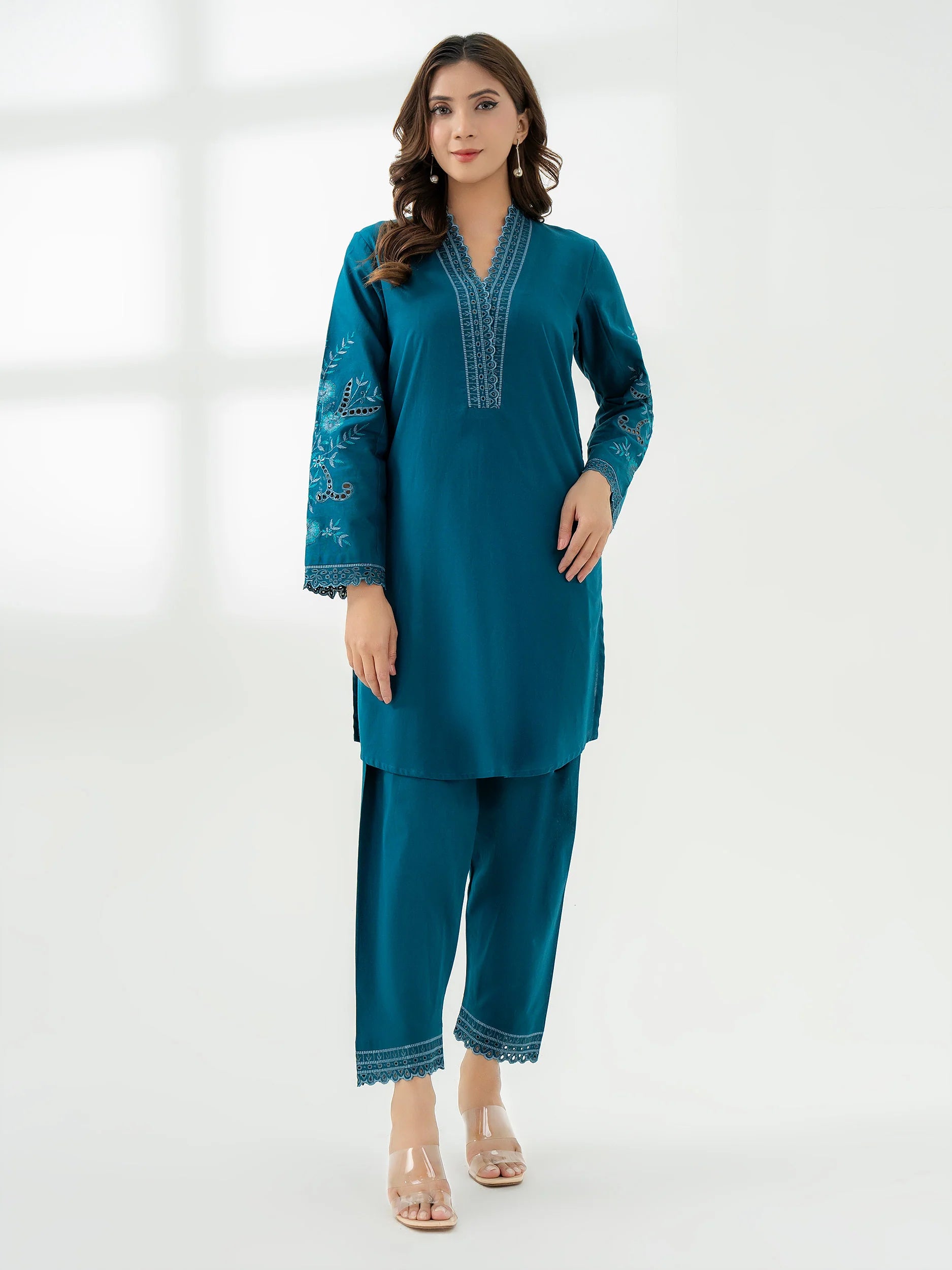 Teal dyed embroidered Khaddar shirt and trouser set