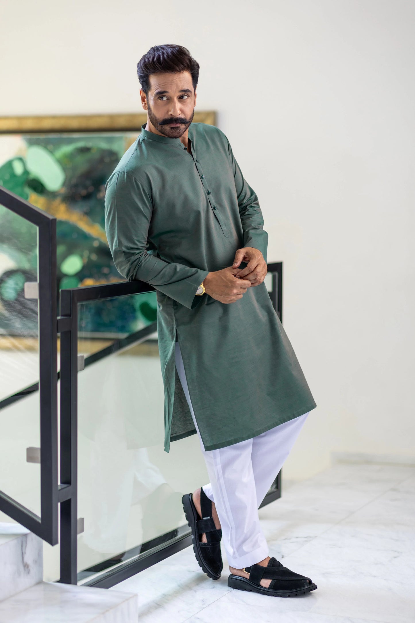 Leaf Green Stitched Kurta & Trouser for Men