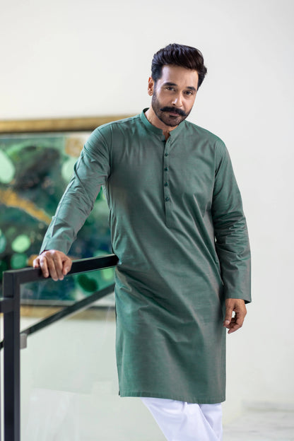 full view of Leaf Green Stitched Kurta & Trouser for Men