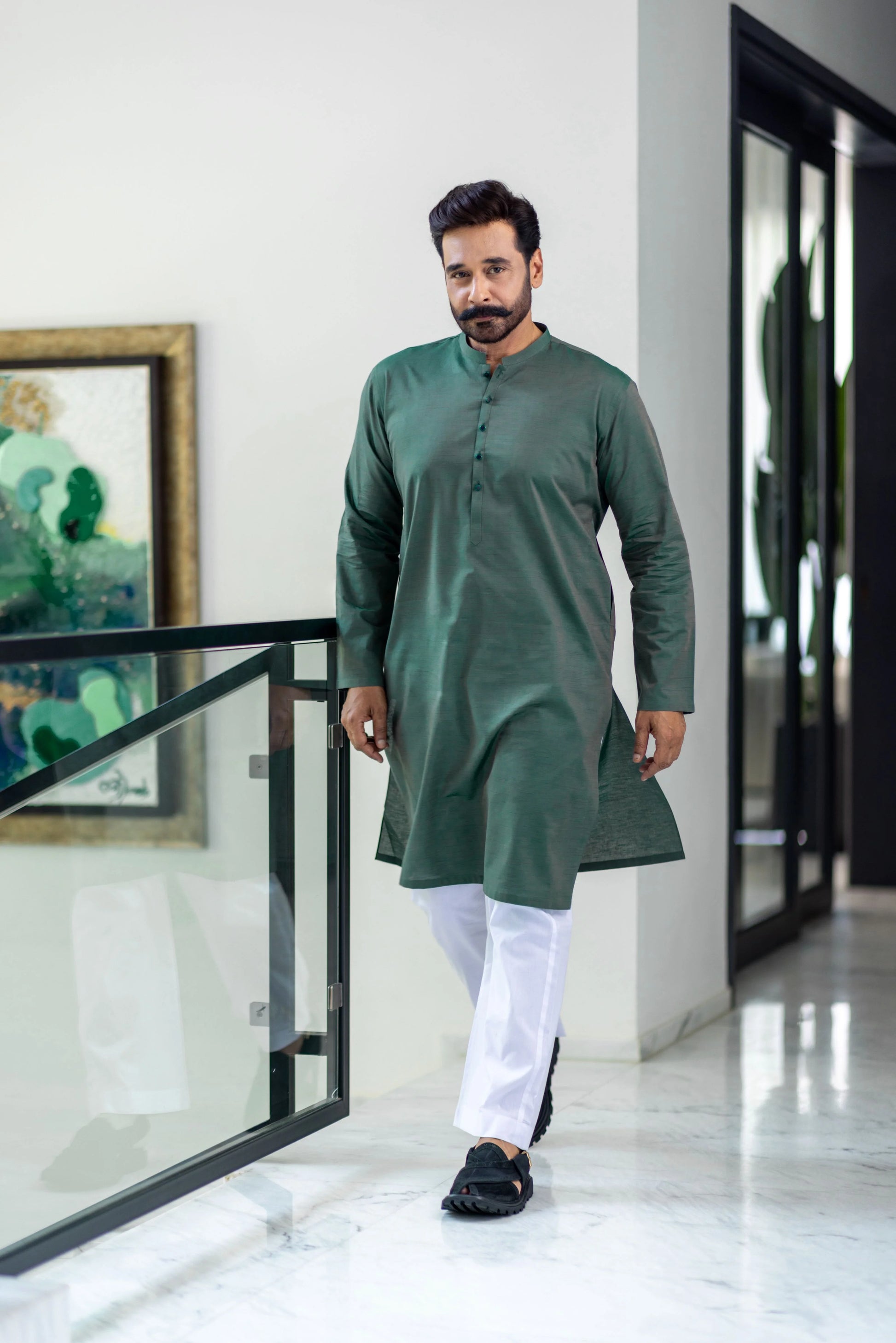 detailed view of Leaf Green Stitched Kurta & Trouser for Men