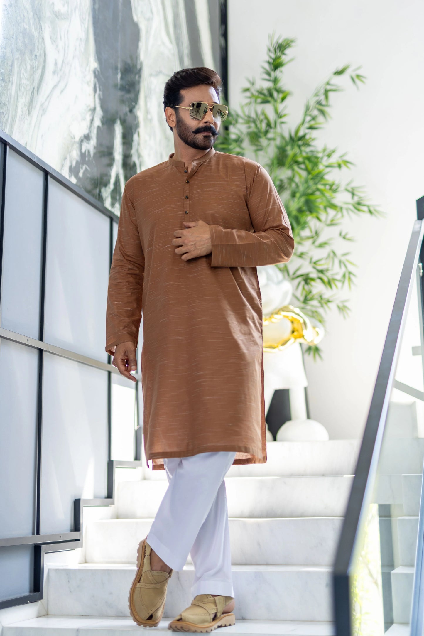 Stitched mustard kurta and trouser for men