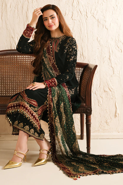 Full view of embroidered green velvet salwar kameez set with dupatta