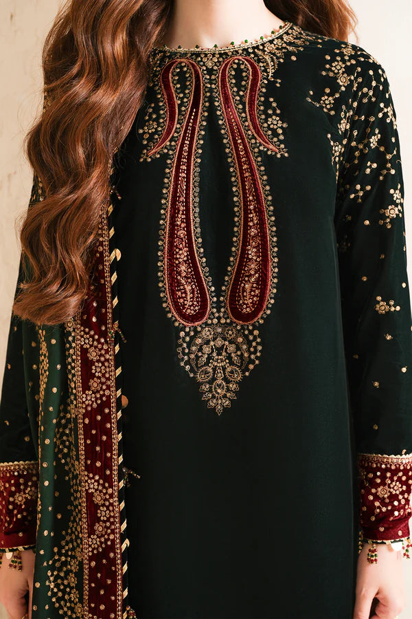 Close-up of embroidery on sleeves of green velvet salwar kameez