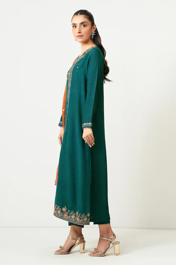 Stitched 3 Piece Embroidered Raw Silk Suit